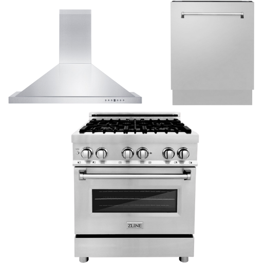 ZLINE 30 in. Dual Fuel Range, Range Hood and 3 Rack Dishwasher Appliance Package 3KP-RARH30-DWV