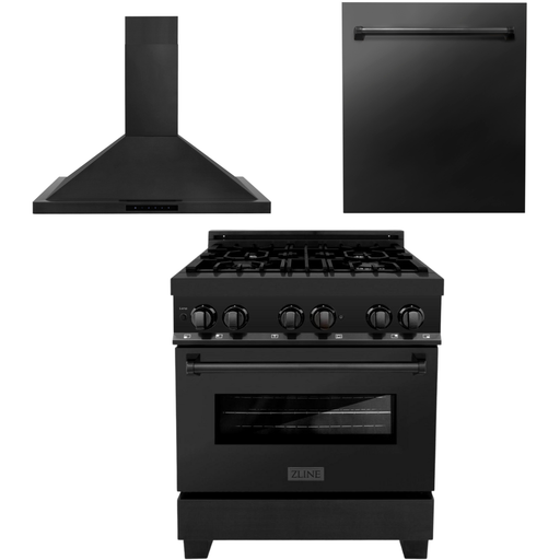 ZLINE 30 in. Dual Fuel Range, Range Hood and Dishwasher In Black Stainless Steel Appliance Package 3KP-RABRH30-DW