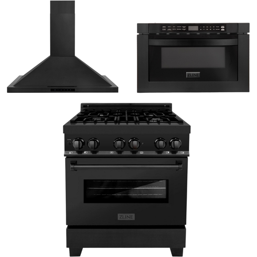 ZLINE 30 in. Dual Fuel Range, Range Hood and Microwave In Black Stainless Steel Appliance Package 3KP-RABRBRH30-MW