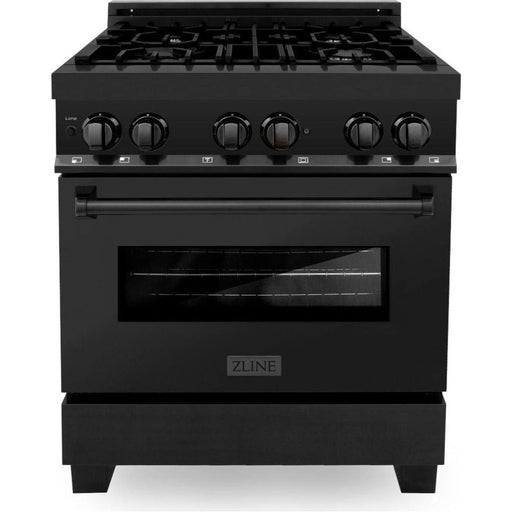 ZLINE 30 in. Dual Fuel Range, Range Hood and Microwave In Black Stainless Steel Appliance Package 3KP-RABRBRH30-MW