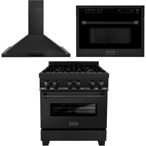 ZLINE 30 in. Dual Fuel Range, Range Hood, and Microwave Oven in Black Stainless Steel Appliance Package 3KP-RABRH30-MO