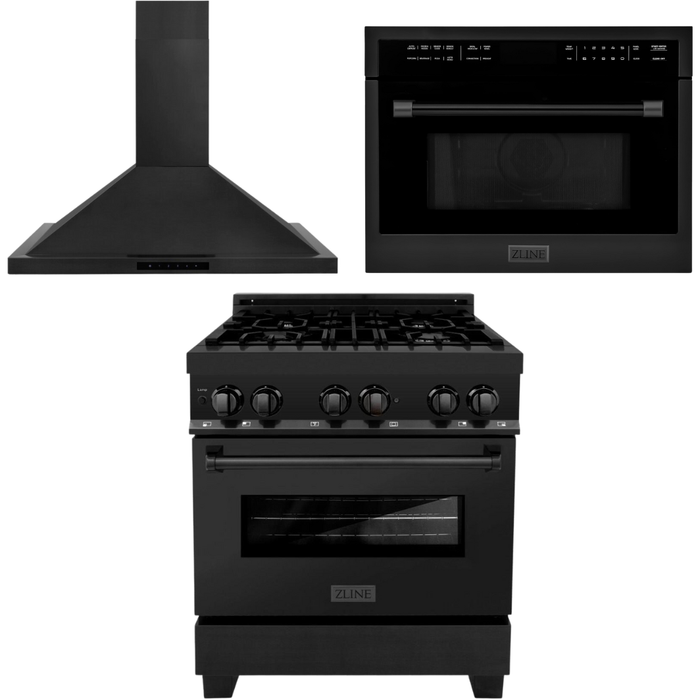 ZLINE 30 in. Dual Fuel Range, Range Hood, and Microwave Oven in Black Stainless Steel Appliance Package 3KP-RABRH30-MO