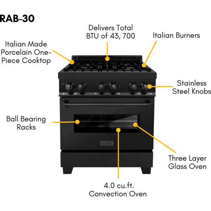 ZLINE 30 in. Dual Fuel Range, Range Hood, and Microwave Oven in Black Stainless Steel Appliance Package 3KP-RABRH30-MO