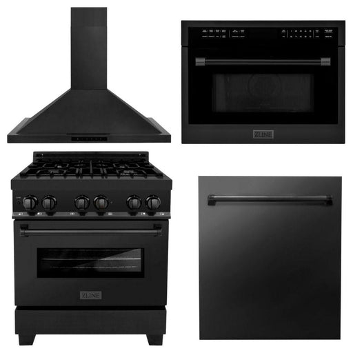 ZLINE 30 in. Dual Fuel Range, Range Hood, Microwave Oven, and Dishwasher In Black Stainless Steel Appliance Package 4KP-RABRH30-MODW