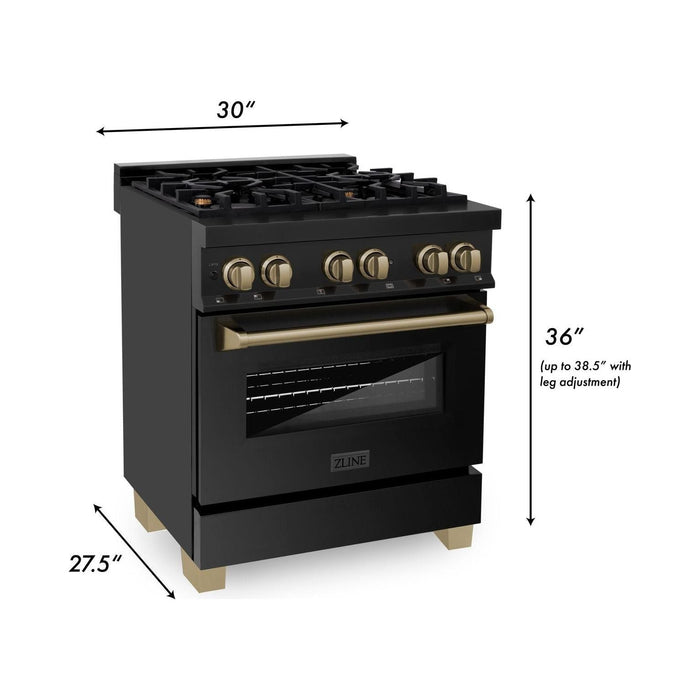 ZLINE 30 In. Dual Fuel Range, Range Hood, Refrigerator, and Dishwasher In Black Stainless Steel with Champagne Bronze Accents Autograph Kitchen Appliance Package 4AKPR-RABRHDWV30-CB