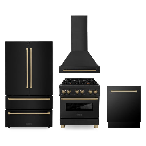 ZLINE 30 In. Dual Fuel Range, Range Hood, Refrigerator, and Dishwasher In Black Stainless Steel with Champagne Bronze Accents Autograph Kitchen Appliance Package 4AKPR-RABRHDWV30-CB