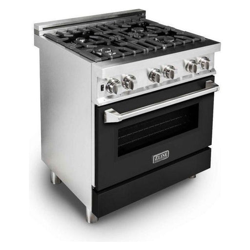 ZLINE 30 in. Dual Fuel Range with Black Matte Door and 30 in. Range Hood Appliance Package 2KP-RABLMRH30