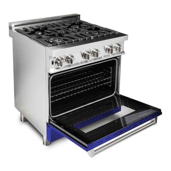 ZLINE 30 in. Dual Fuel Range with Blue Matte Door and 30 in. Range Hood Appliance Package 2KP-RABMRH30