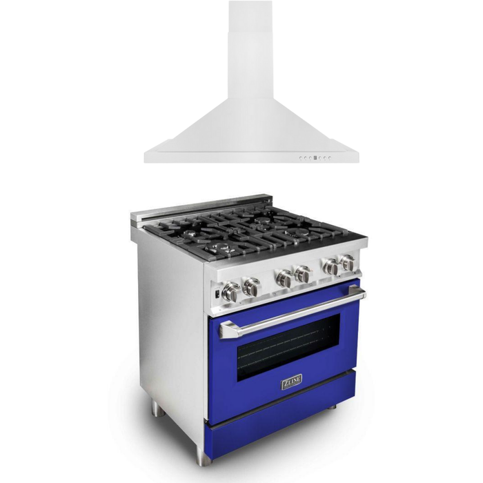 ZLINE 30 in. Dual Fuel Range with Blue Matte Door and 30 in. Range Hood Appliance Package 2KP-RABMRH30