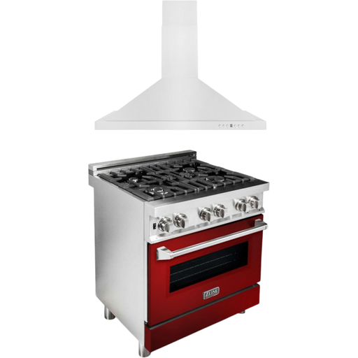 ZLINE 30 in. Dual Fuel Range with Red Gloss Door and 30 in. Range Hood Appliance Package 2KP-RARGRH30