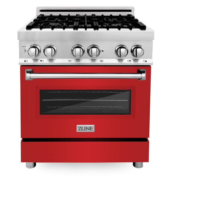 ZLINE 30 in. Dual Fuel Range with Red Matte Door & 30 in. Range Hood Appliance Package 2KP-RARMRH30