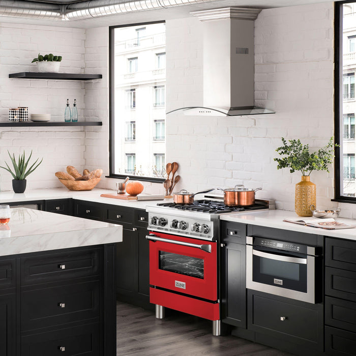 ZLINE 30 in. Dual Fuel Range with Red Matte Door & 30 in. Range Hood Appliance Package 2KP-RARMRH30