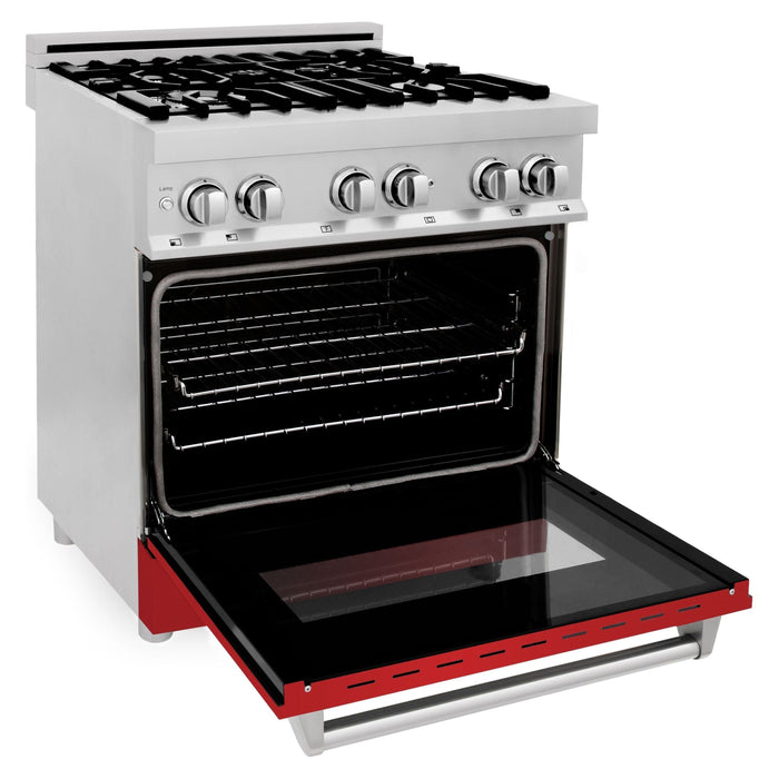 ZLINE 30 in. Dual Fuel Range with Red Matte Door & 30 in. Range Hood Appliance Package 2KP-RARMRH30