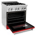 ZLINE 30 in. Dual Fuel Range with Red Matte Door & 30 in. Range Hood Appliance Package 2KP-RARMRH30