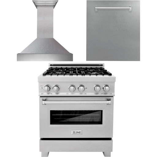 ZLINE 30 in. DuraSnow Stainless Dual Fuel Range, Ducted Vent Range Hood and Dishwasher Kitchen Appliance Package 3KP-RASRH30-DW