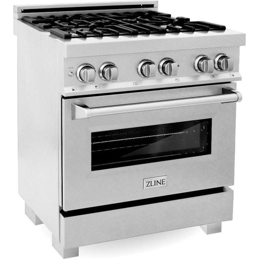 ZLINE 30 in. DuraSnow Stainless Dual Fuel Range, Ducted Vent Range Hood and Dishwasher Kitchen Appliance Package 3KP-RASRH30-DW