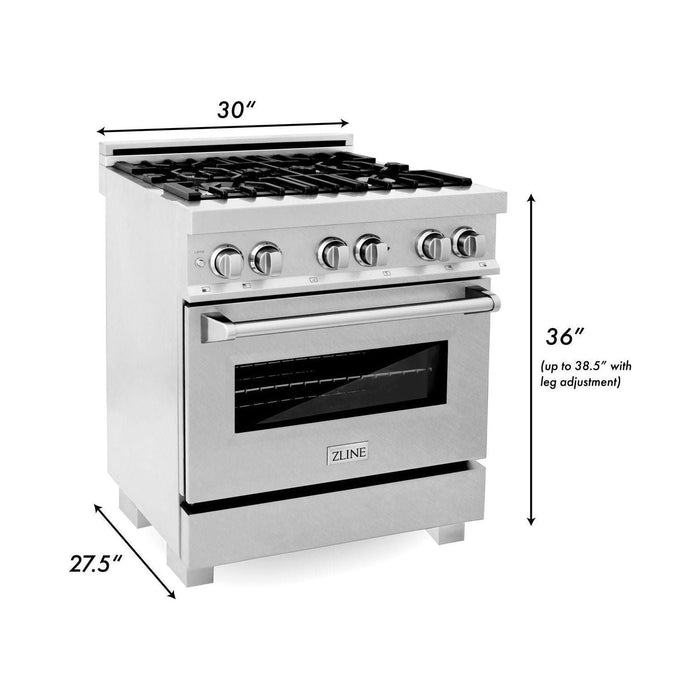 ZLINE 30 in. DuraSnow Stainless Dual Fuel Range, Ducted Vent Range Hood and Tall Tub Dishwasher Kitchen Appliance Package 3KP-RASRH30-DWV