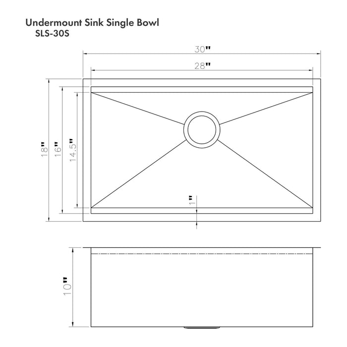 ZLINE 30 in. Garmisch Undermount Single Bowl DuraSnow® Stainless Steel Kitchen Sink with Bottom Grid and Accessories, SLS-30S