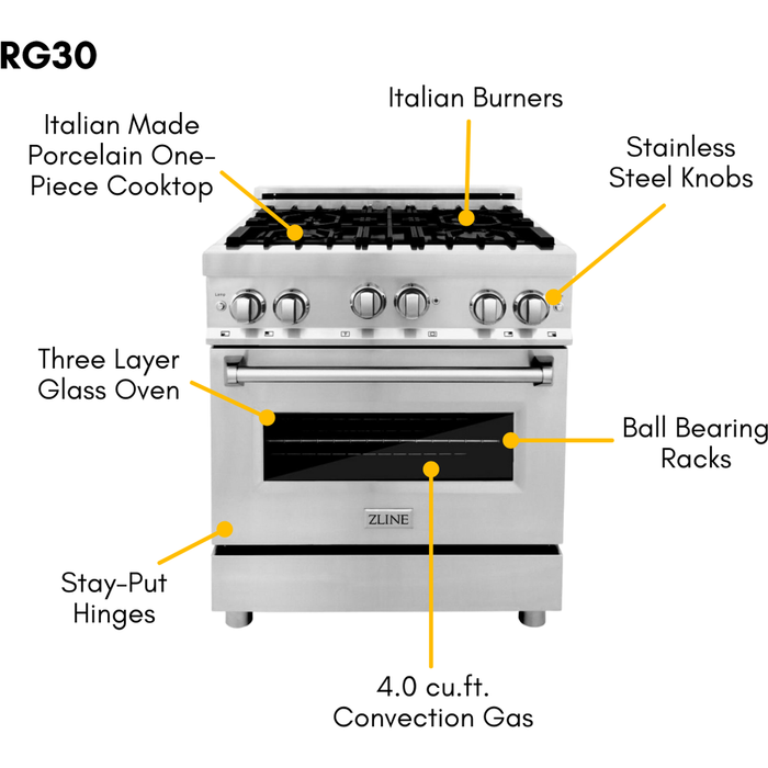 ZLINE 30 in. Gas Range, 30 in. Range Hood, Microwave Oven and 3 Rack Dishwasher Appliance Package 4KP-RGRH30-MODWV