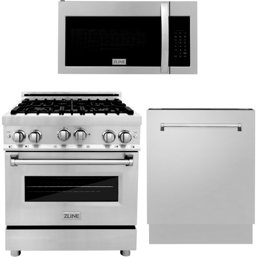 ZLINE 30 in. Gas Range, Over-the-Range Microwave and Dishwasher Appliance Package 3KP-RGOTR30-DWV