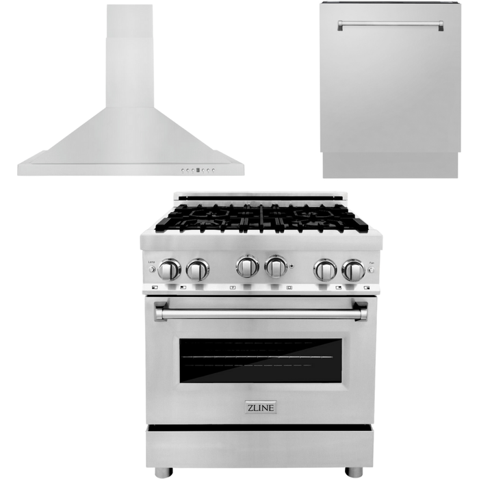 ZLINE 30 in. Gas Range, Range Hood and 3 Rack Dishwasher Appliance Package 3KP-RGRH30-DWV