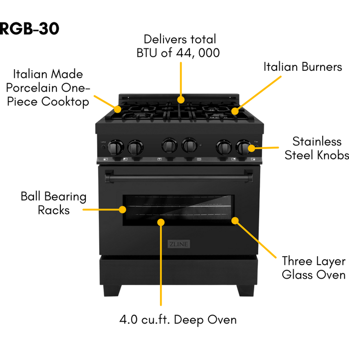 ZLINE 30 in. Gas Range, Range Hood and Dishwasher Appliance Package 3KP-RGBRH30-DW