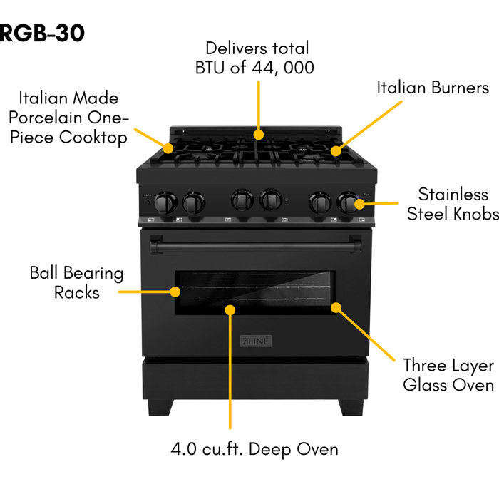 ZLINE 30 in. Gas Range, Range Hood and Microwave Appliance Package 3KP-RGBRBRH30-MW