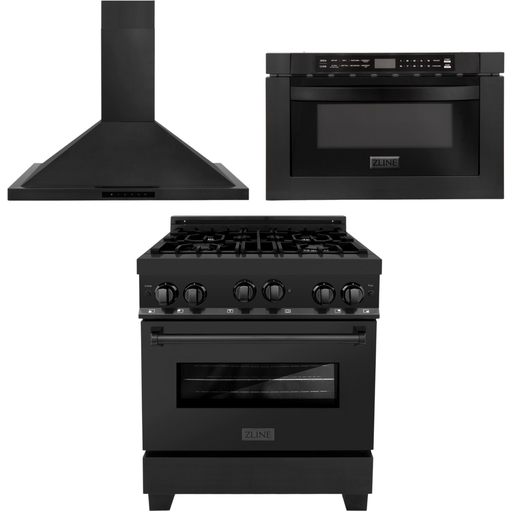 ZLINE 30 in. Gas Range, Range Hood and Microwave Appliance Package 3KP-RGBRBRH30-MW