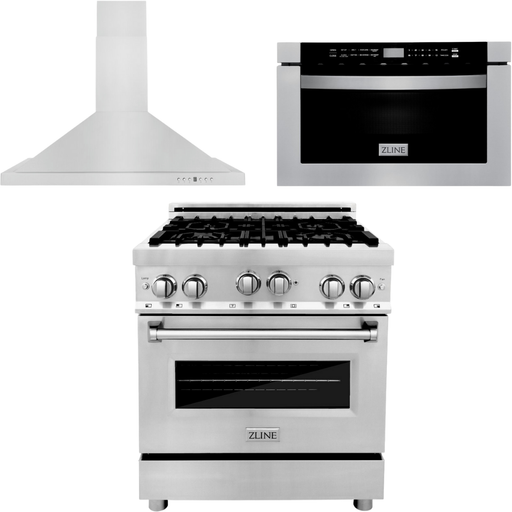 ZLINE Kitchen Appliance Packages ZLINE 30 in. Gas Range, Range Hood and Microwave Drawer Appliance Package 3KP-RGRH30-MW