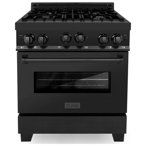 ZLINE 30 in. Gas Range, Range Hood, and Microwave Oven In Black Stainless Steel Appliance Package 3KP-RBGRH30-MO