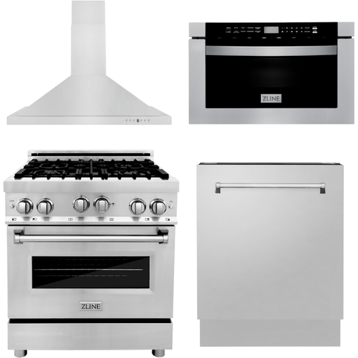 ZLINE Kitchen Appliance Packages ZLINE 30 in. Gas Range, Range Hood, Microwave Drawer and 3 Rack Dishwasher Appliance Package 4KP-RGRH30-MWDWV