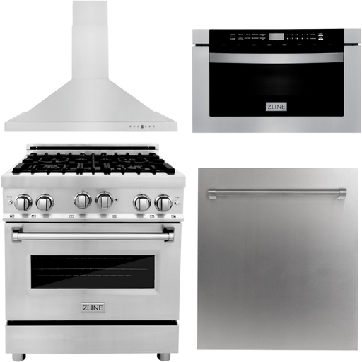 ZLINE 30 in. Gas Range, Range Hood, Microwave Drawer and Dishwasher Appliance Package 4KP-RGRH30-MWDW