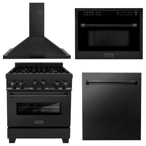 ZLINE 30 in. Gas Range, Range Hood, Microwave Oven, and Dishwasher In Black Stainless Steel Appliance Package 4KP-RGBRH30-MODW