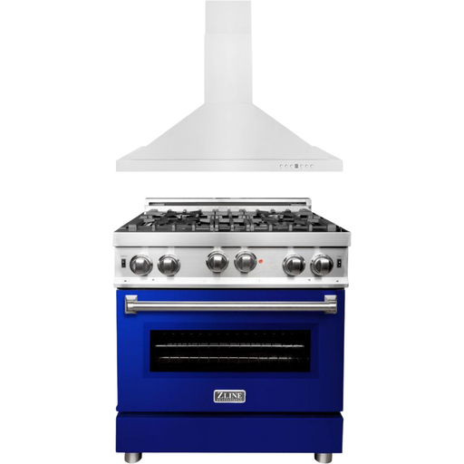 ZLINE Kitchen Appliance Packages ZLINE 30 in. Gas Range with Blue Gloss Door & 30 in. Range Hood Appliance Package 2KP-RGBGRH30