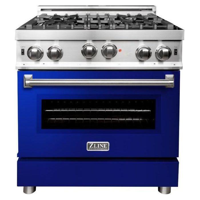 ZLINE 30 in. Gas Range with Blue Gloss Door & 30 in. Range Hood Appliance Package 2KP-RGBGRH30