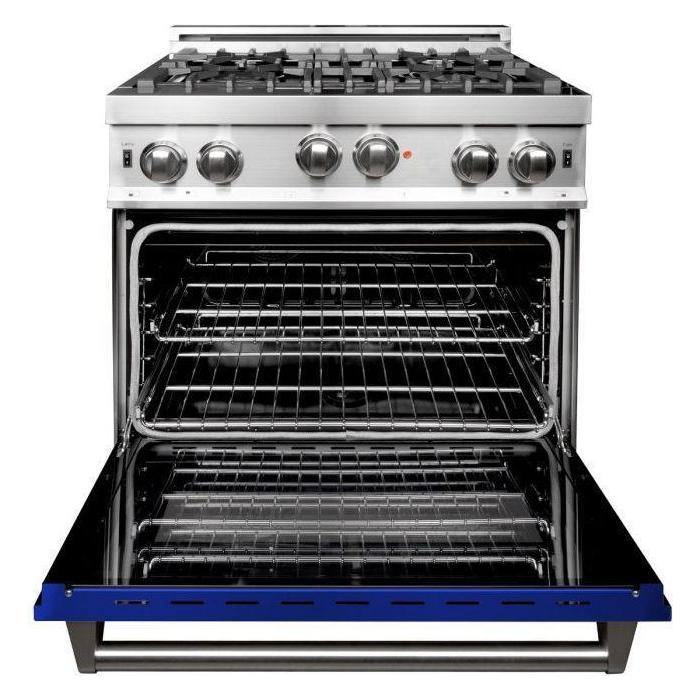 ZLINE 30 in. Gas Range with Blue Gloss Door & 30 in. Range Hood Appliance Package 2KP-RGBGRH30