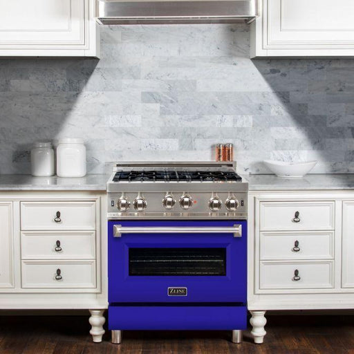 ZLINE 30 in. Gas Range with Blue Matte Door & 30 in. Range Hood Appliance Package 2KP-RGBMRH30