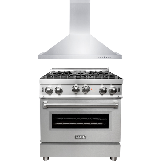 ZLINE 30 in. Gas Range with DuraSnow Door & 30 in. Range Hood Appliance Package 2KP-RGSNRH30