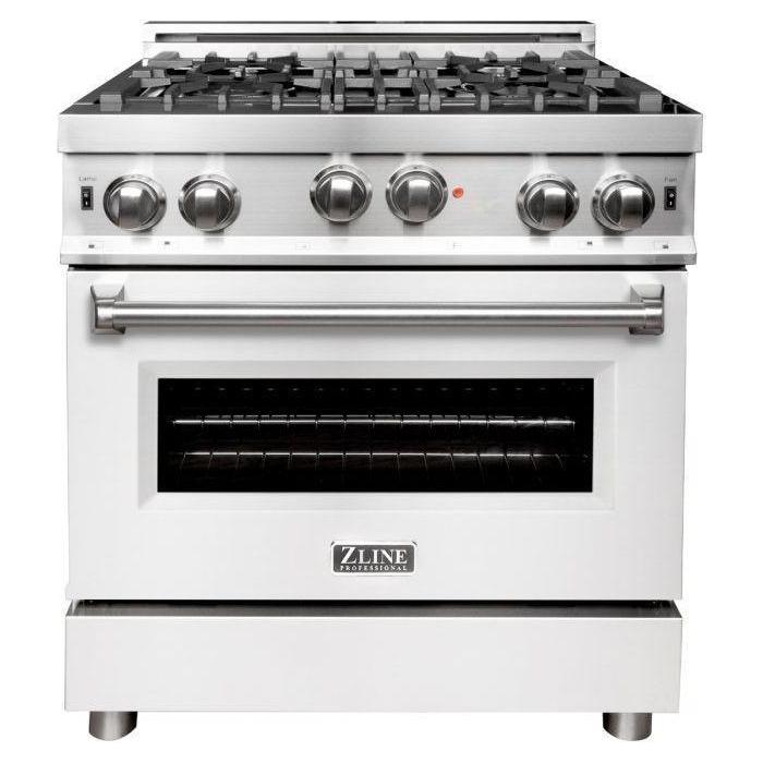 ZLINE 30 in. Gas Range with White Matte Door & 30 in. Range Hood Appliance Package 2KP-RGWMRH30