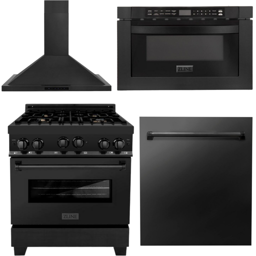 ZLINE 30 in. Kitchen Appliance Package with Black Stainless Steel Gas Range, Range Hood, Microwave Drawer and Dishwasher, 4KP-RGBRH30-MWDW