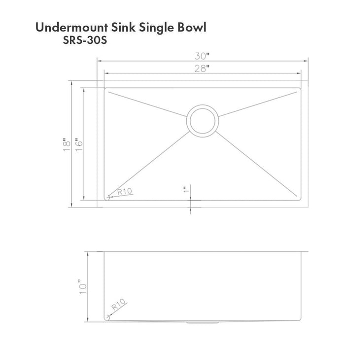 ZLINE 30 in. Meribel Undermount Single Bowl DuraSnow® Stainless Steel Kitchen Sink with Bottom Grid, SRS-30S