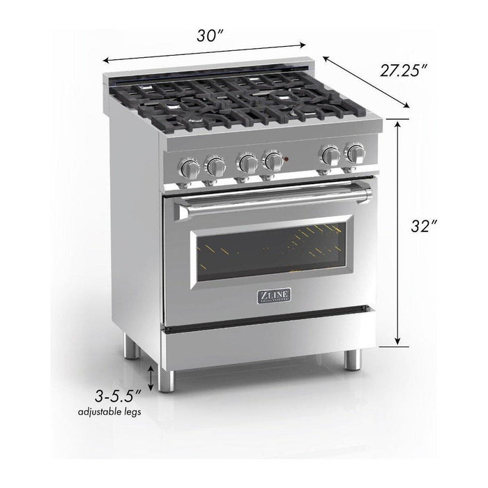 ZLINE 30 in. Professional Dual Fuel Range In DuraSnow Stainless with Red Matte Door RAS-RM-30