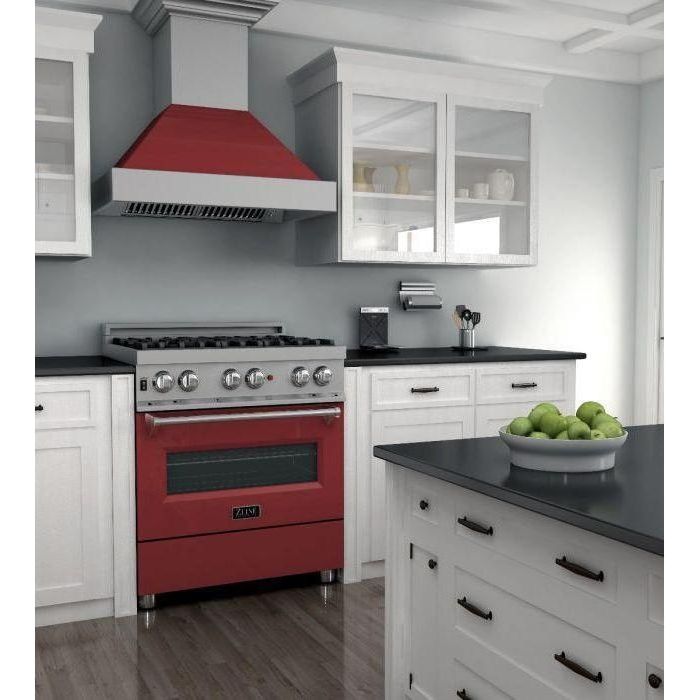 ZLINE 30 in. Professional Dual Fuel Range In DuraSnow Stainless with Red Matte Door RAS-RM-30