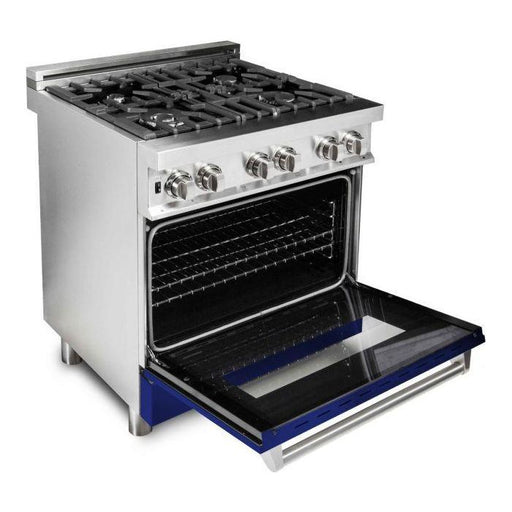 ZLINE Ranges ZLINE 30 in. Professional Dual Fuel Range with Gas Burner and Electric Oven In Stainless Steel with Blue Gloss Door RA-BG-30