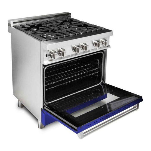 ZLINE 30 in. Professional Dual Fuel Range with Gas Burner and Electric Oven In Stainless Steel with Blue Matte Door RA-BM-30