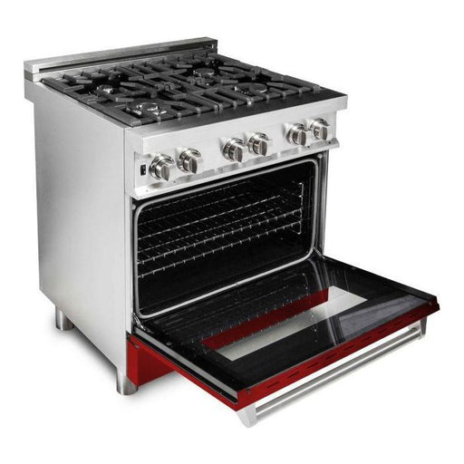 ZLINE Ranges ZLINE 30 in. Professional Dual Fuel Range with Gas Burner and Electric Oven In Stainless Steel with Red Gloss Door RA-RG-30