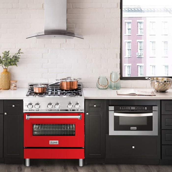 ZLINE 30 in. Professional Dual Fuel Range with Gas Burner and Electric Oven In Stainless Steel with Red Matte Door RA-RM-30