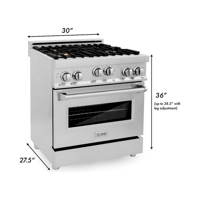 ZLINE 30 in. Professional Dual Fuel Range with Gas Burner and Gas Oven In Stainless Steel with Brass Burners RG-BR-30