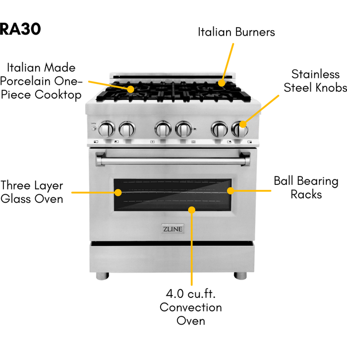 ZLINE 30 in. Professional Dual Fuel Range with Gas Stove and Electric Oven In Stainless Steel RA30