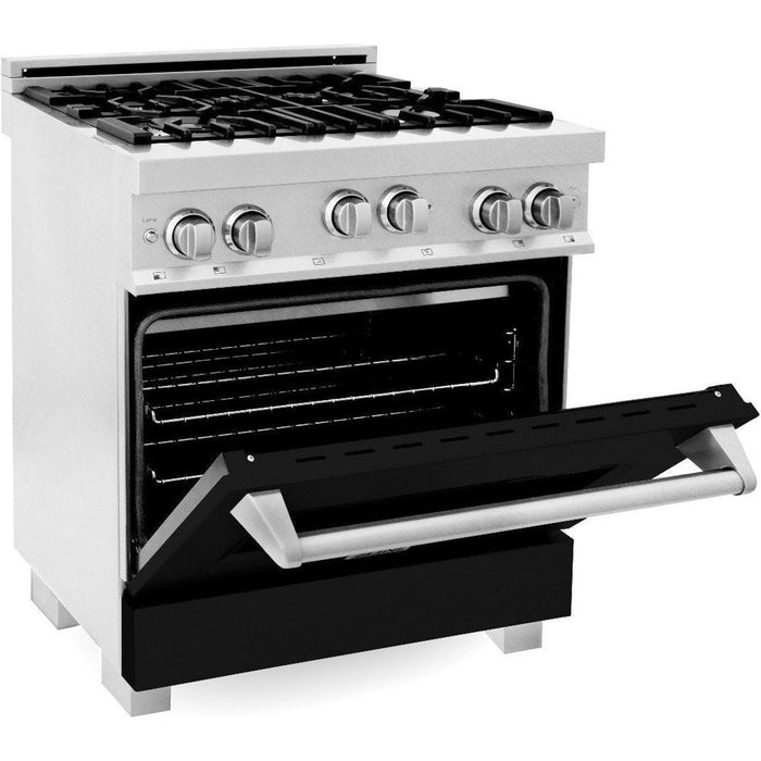 ZLINE 30 In. Professional Gas Range In DuraSnow with Black Matte Door & 30" Range Hood Appliance Package 2KP-RGSBLMRH30